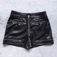 Kombu Leg Strap Detail Pleather Shorts Latex Shorts, Leg Straps, Mini Shorts, Zipper Detail, Black Mini, Edgy Fashion, Bra Sizes, New Arrival, The Label