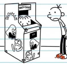 a drawing of a man looking at a cartoon refrigerator