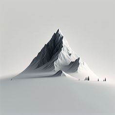 an abstract mountain with trees in the foreground and snow on the ground, against a gray sky