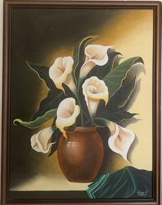 a painting of white flowers in a brown vase