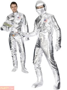 two men in silver space suits holding hands