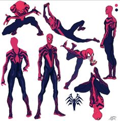 the spider man character poses are shown in red and black