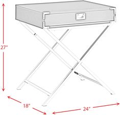 a white table with an ironing board on it and measurements for the top section