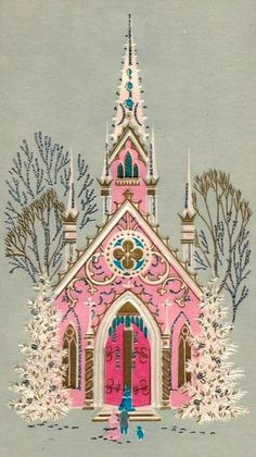 a drawing of a pink church surrounded by trees and snow covered branches, with a person standing in front of the door