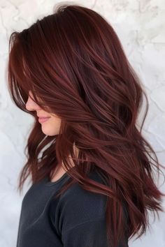 Red Hair Color For Light Skin, Cherry Burgundy Hair Color, Auburn Hair Color With Lowlights, Fall Hair Color For Redheads Dark Auburn, Brown Hair With A Red Tint, Dark Red Fall Hair, Dark Auburn Hair Color Balayage, Warm Reds Haircolor, Fall Hair Red Auburn