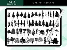 the tree collection procreate stamps is shown in black and white, with trees drawn on