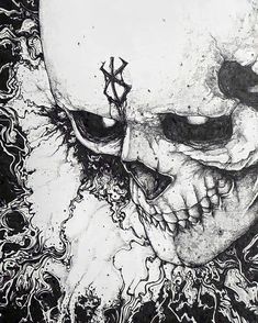 a black and white drawing of a skull