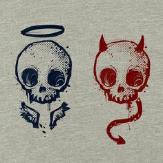 two t - shirts with skulls and devil heads on them, one has an angel above the head