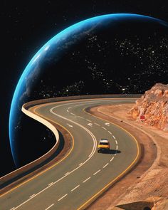 an artist's rendering of a car driving on a road in front of the earth