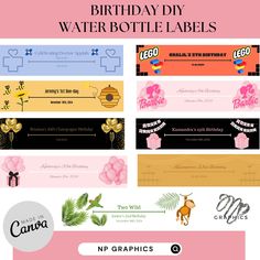 birthday party water bottle labels for girls and boys with pink flowers, monkey, giraffe