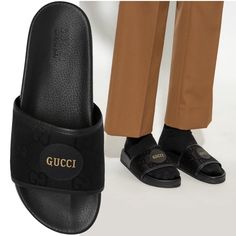 Condition Still Brand New Casual Black Gucci Slides, Gucci Black Flat Slides, Gucci Black Leather Slides, Gucci Black Slides With Cushioned Footbed, Gucci Designer Slip-on Slides, Gucci Slide, Gucci Slides, Mens Slides, Gg Logo