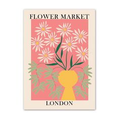 a flower market poster with pink and yellow flowers in the center, against a pink background