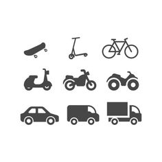 various types of vehicles and bicycles are shown in this icon set on a white background