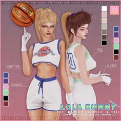 an image of two women in sports uniforms with basketballs on their shoulders and the words loja bunny written below