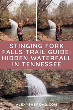 two girls standing in front of a waterfall with text overlay reading, string fork falls trail guide hidden waterfall in tennessee