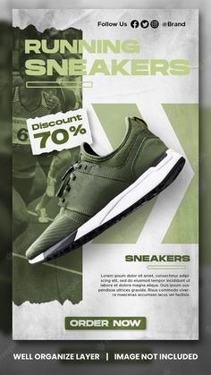 an advertisement for running sneakers is shown in this advertment, with the image of a