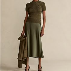 Slim Fit. Intended To Hit At The Mid-Calf. Concealed Elastic Waistband. Pull-On Styling. Mermaid Hem. Unlined. Triacetate, Polyester. Dry Clean. Imported. Model Is 5'10"/178 Cm And Wears A Us Size 2. Ralph Lauren Skirts, Satin Midi Skirt, Cable Sweater, Skirt Midi, Satin Skirt, Short Sleeved Sweaters, Office Outfits, Work Fashion, Skirt Outfits