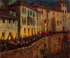 a painting of people standing on the side of a river at night with buildings in the background