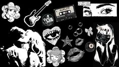 various stickers and decals on a black background with an image of a woman's face