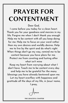 a prayer card with the words prayer for contentment