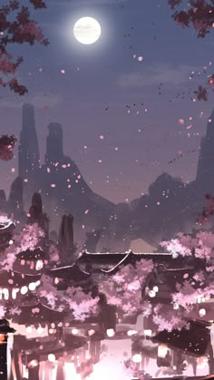 an anime scene with the moon in the sky and cherry blossom trees on the ground