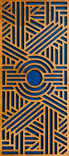 an art deco design made out of wood with blue circles and lines on it's sides