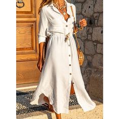 Season:Summer,Spring,Fall; Fabric:Linen,Cotton; Sleeve Length:Long Sleeve; Look After Me:Hand wash,Machine wash; Gender:Women's; Style:Elegant,Casual; Elasticity:Inelastic; Occasion:Holiday,Daily; Fit Type:Regular Fit; Dresses Type:Linen Dress,White Dress,Swing Dress; Pattern:Pure Color; Design:Button,Split,Lace up; Neckline:Shirt Collar; Front page:FF; Listing Date:06/07/2021; Production mode:External procurement; 2022 Trends:2022; Bust:null; Length:null; Shoulder Width:null; Special selected p Shirt Collar Styles, Boho Chic Dress, Collared Shirt Dress, Shirt Dress Casual, Midi Shirt Dress, Dress Shirts For Women, White Shirt Dress, Button Dress, Long Sleeve Shirt Dress