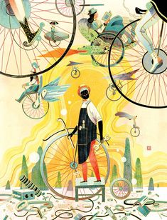 a man standing on top of a bicycle surrounded by other bicycles and birds in the sky