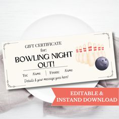 a gift certificate for bowling night out on a plate next to a cup and saucer