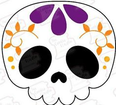 a sugar skull with flowers on it's head is shown in purple and orange