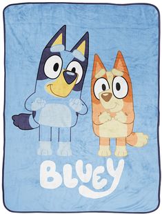 two cartoon characters on a blue blanket with the word'bly'in white