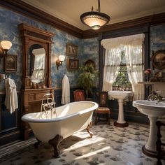 an old fashioned bathroom with blue wallpaper and white bathtub, pedestal sink and mirror