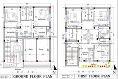 two story house plans with ground plan and first floor plan in the same area,