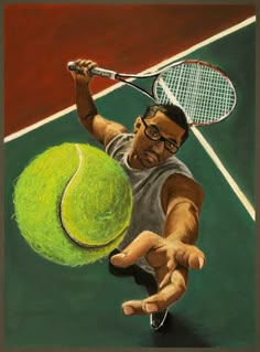 a painting of a man hitting a tennis ball with a racquet