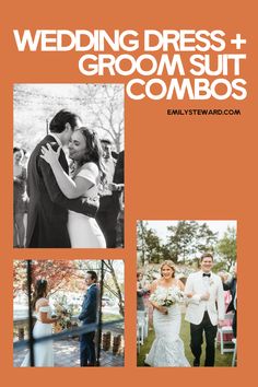 the wedding dress and groom suit combos are featured in this brochure,