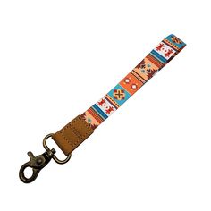 an orange, blue and white strap with a metal hook on the end of it