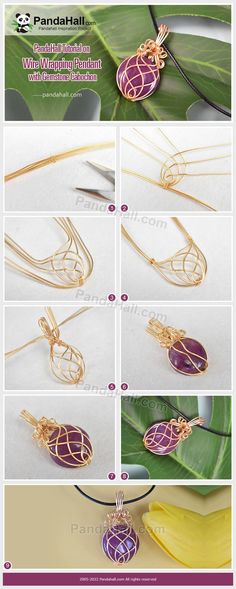 the instructions for how to make a wire wrapped necklace with gold and purple glass beads