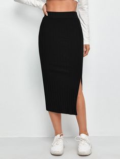 Black Casual Collar  Cotton Plain Pencil Embellished Slight Stretch Spring/Summer/Fall Women Bottoms Pu Leather Skirt, Bodycon Midi Skirt, Knit Pencil Skirt, Split Skirt, Womens Pencil Skirts, Skirt Midi, Skirt Mini, Body Con Skirt, Outfit Casual