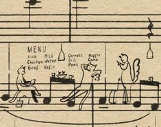 an old drawing shows people playing music with cats and dogs on the piano, as well as other musical notes