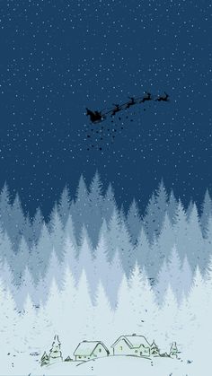 a santa claus sleigh in the sky over a snowy landscape with houses and trees