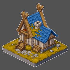 an old house with a blue roof is shown in this pixel art style image, it appears to be from the early 20th century