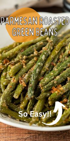 cooked green beans with parmesan and seasoning in a white bowl on a wooden table