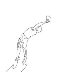 a single line drawing of a person on a surfboard in the air with one hand up