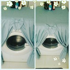 two pictures of a washing machine with flowers in the background