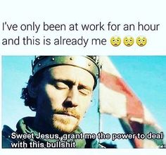 a man with a crown on his head next to a flag and text that reads, i've only been at work for an hour and this is already me