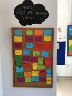 a bulletin board with post it notes attached to the wall and a black cloud above it