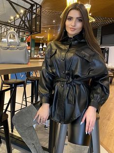 Leather Shirt Outfit, Satin Clothes, Leather Shirt Dress, Vinyl Fashion, Stylish Short Dresses, Women Dresses Classy, Modest Dresses Casual, Outfits Streetwear, Rhinestone Bridal