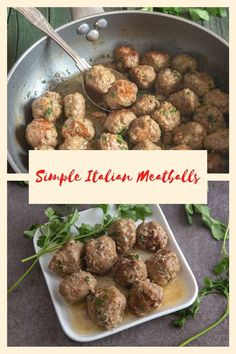 some meatballs are being cooked in a pan with a spoon and garnish