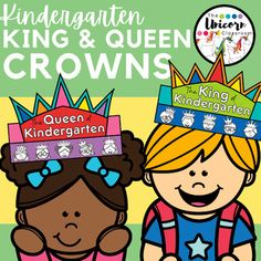 two children wearing crowns with the words king and queen crowns on their heads in front of them