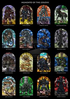 many stained glass windows with different designs